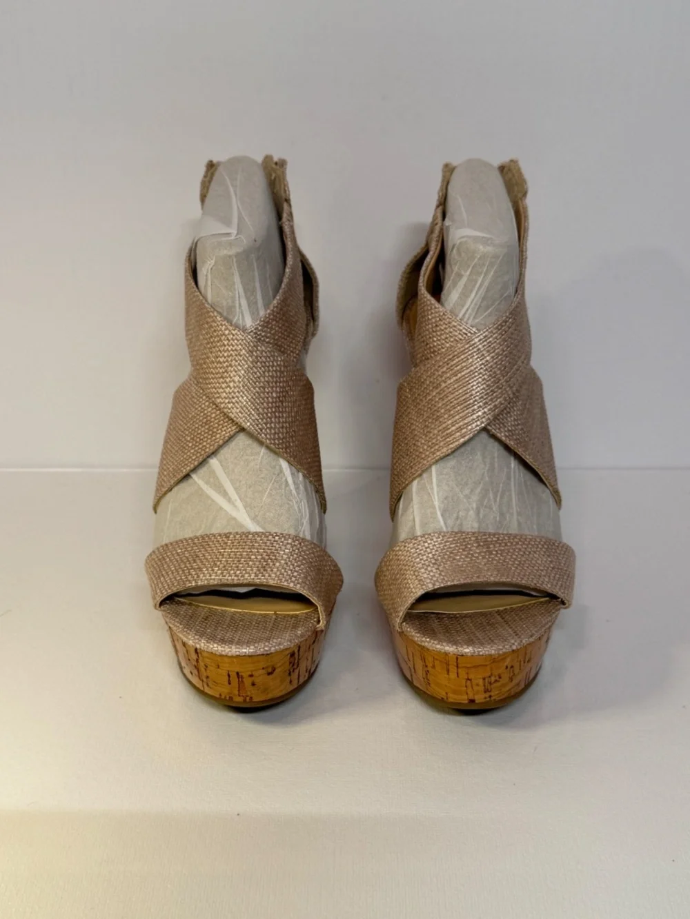 BCBGeneration Gold Linen Raffia Cork Wedge Sandals Size 6B